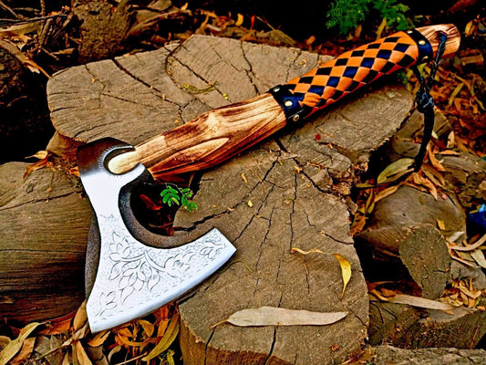  Handmade High Carbon Steel Axe Viking Axe Blade with Wood Handle & Leather Wrap