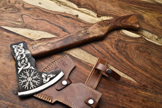 Handmade High Carbon Steel Axe Viking Axe Etched Blade with Leather Sheath  