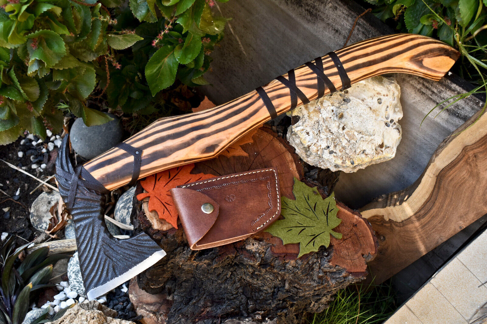 Handmade High Carbon Steel Axe Viking Hatchet Axe Etched Blade with Walnut Wood Handle