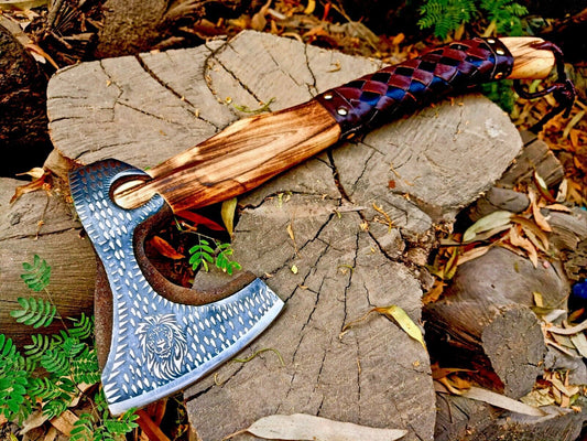 Handmade High Carbon Steel Axe Vikings Axe Hatchet with Wood Handle & Leather Grip
