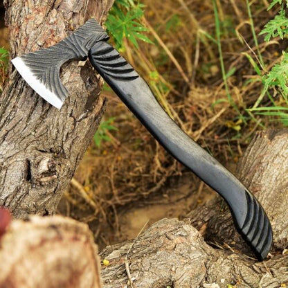 Handmade High Carbon Steel Tomahawk Viking Axe – Bearded Hatchet with Engraved Wood Handle and Leather Sheath