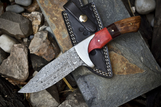 Handmade Hunting Skinner Knife with Rain Drop Damascus Blade and Mixed Material Handle – Tactical Fixed Blade Knife