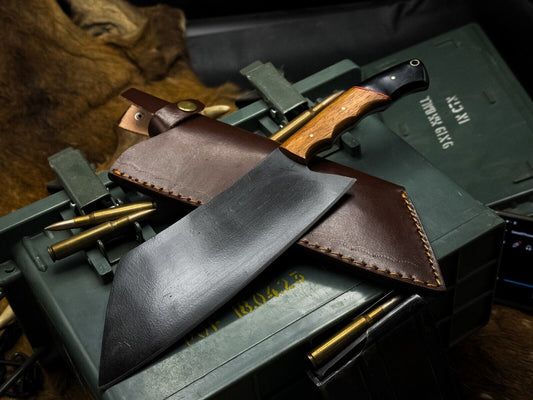 Handmade J2 Steel Cleaver Chef Knife – Powder Coated Blade, Horn Handle, Leather Sheath