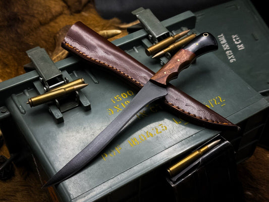 Handmade J2 Steel Hunting & Chef Knife with Powder Coated Blade, Horn Handle & Leather Sheath