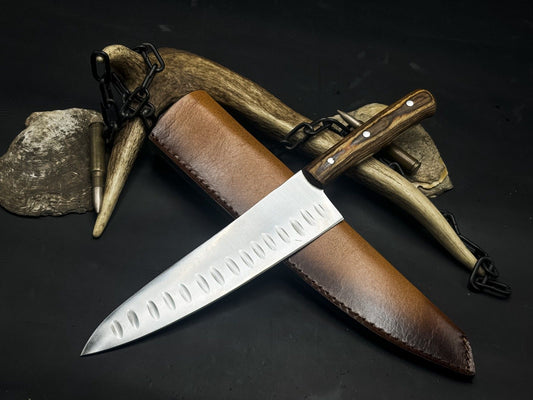 Handmade J2 Steel Kitchen Chef Cutting Knife with Wood Handle and Cow Leather Sheath – Full Tang Drop Point Blade
