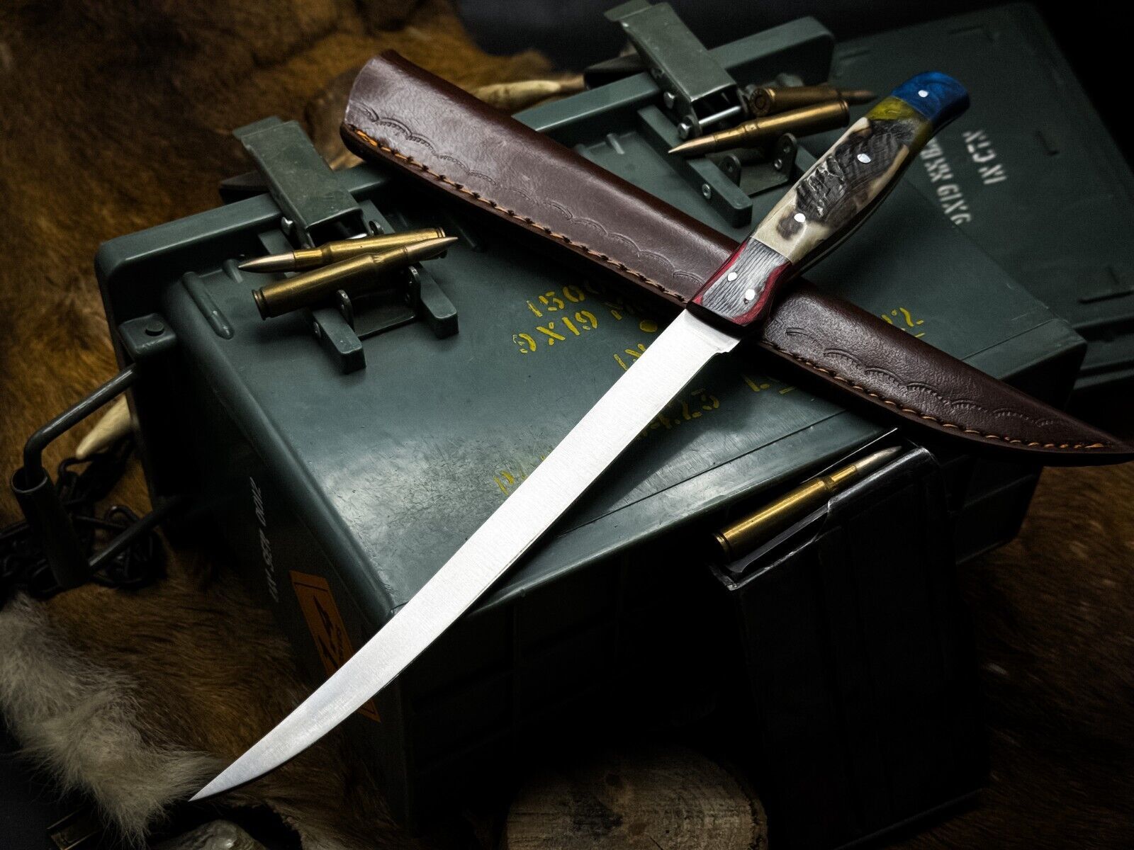 Handmade J2 Steel Kitchen Chef Fillet Knife Ram Horn Handle, Cow Leather Sheath