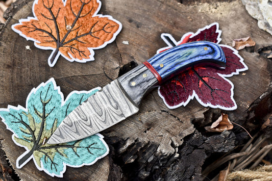 Handmade Ladder Damascus Skinner Knife 6 Inch with Hard Wood Handle and Wooden Bolster W/ Leather Sheath