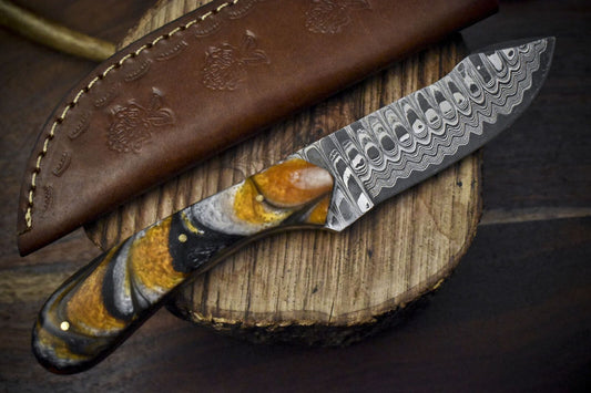 Handmade Ladder Damascus Skinner Knife Corain Handle Survival Bushcraft Blade
