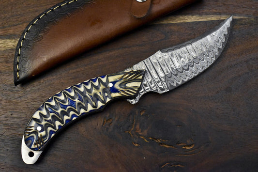   Handmade Ladder Damascus  Skinner Knife with Ash Wood Handle for Hunting