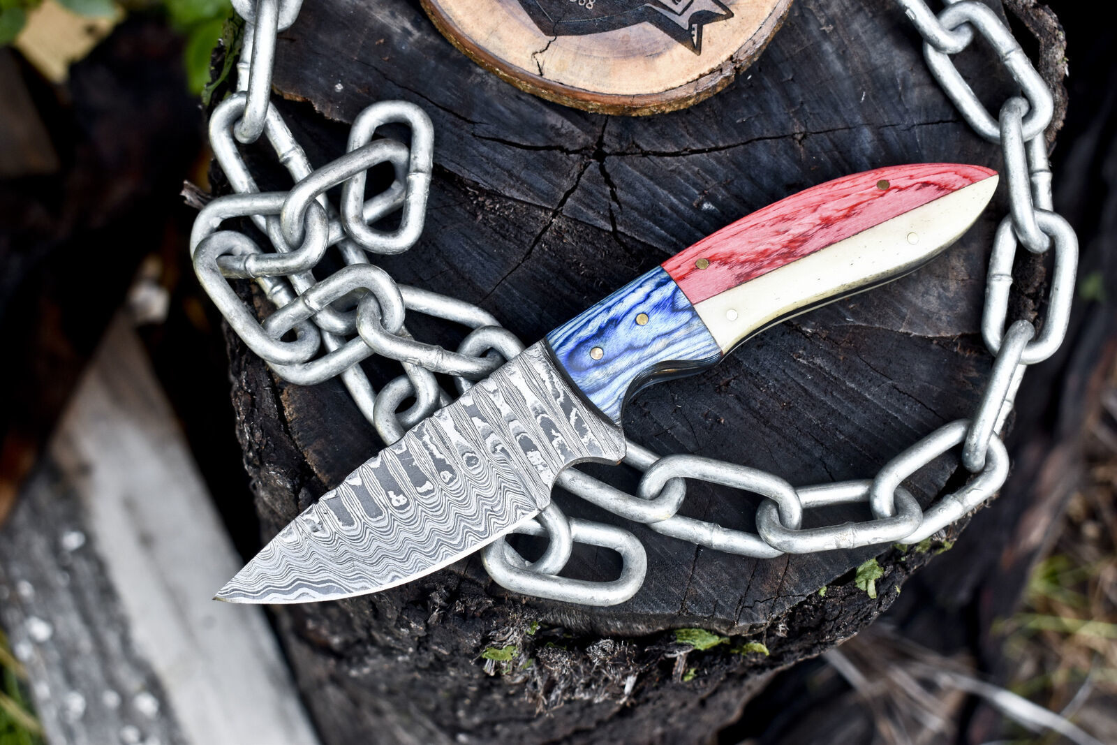 Handmade Ladder Damascus Skinner Knife with Bone and Wood Handle Wooden Bolster