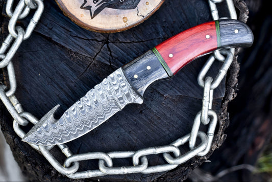 Handmade Ladder Damascus Skinner Knife with Gut Hook Hardwood Handle and Leather Sheath