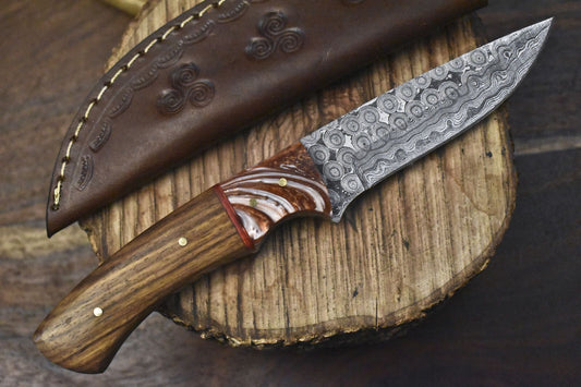 Handmade Rain Drop Damascus Skinner Knife 8" Walnut Wood Camping Hunting Blade