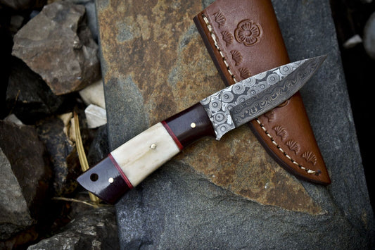 Handmade Rain Drop Damascus Skinner Knife with Bone Handle – Custom Gift Hunting Blade