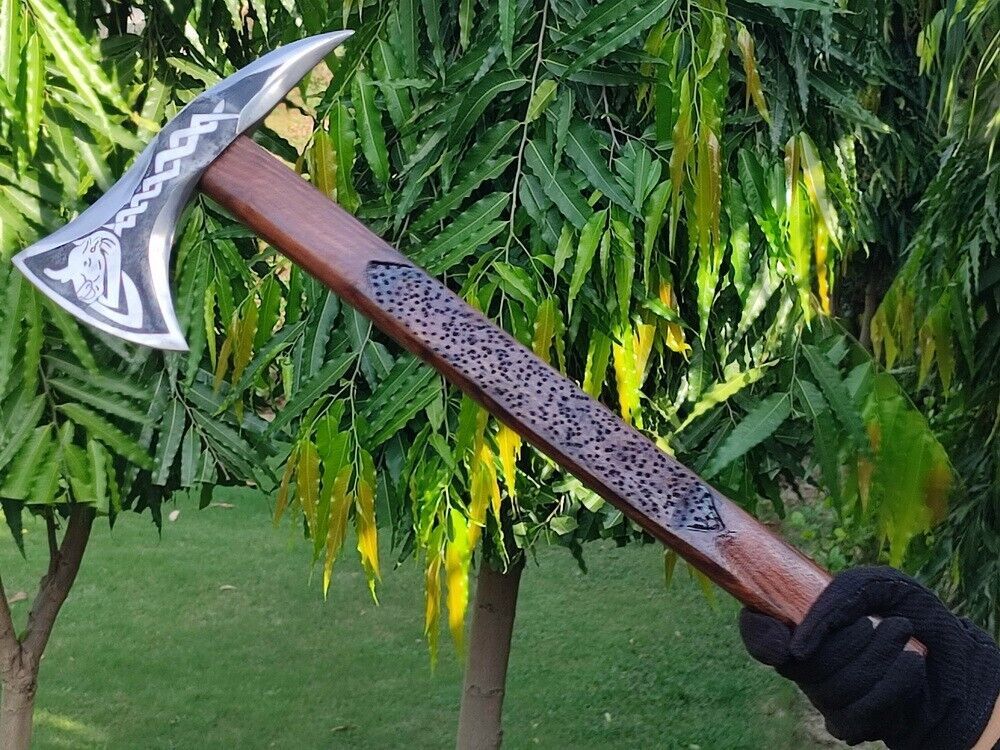 Handmade Rare Art Carbon Steel Viking Throwing Axe with Carved Ashwood Handle and Leather Sheath