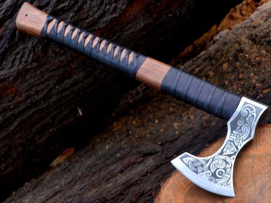 Handmade Replica Carbon Steel Axe Viking Axe with Solid Wood Handle & Leather Sheath