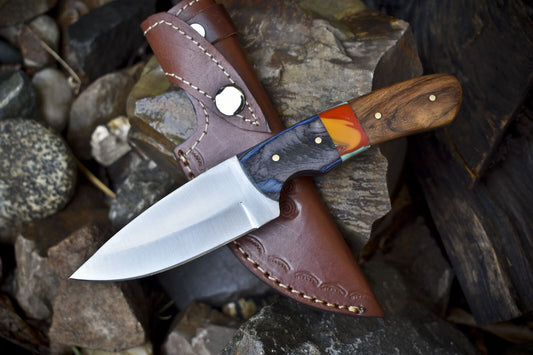 Handmade Skinner Knife | 440C Steel | Mixed Material Handle & Wooden Bolster | 8.5" EDC Hunting Knife