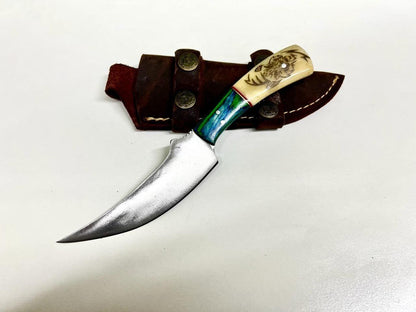 Handmade Skinner Knife – 5″ J2 Stainless Steel Blade, Bone Handle, Leather Cover