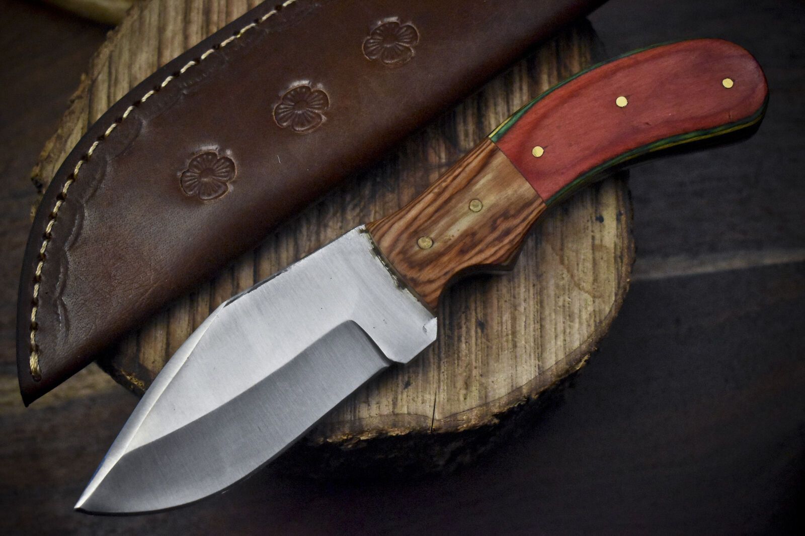 Handmade Skinner Knife | AUS-8 Steel | Hardwood Handle & Wooden Bolster | 8" Hunting Knife w/ Leather Sheath
