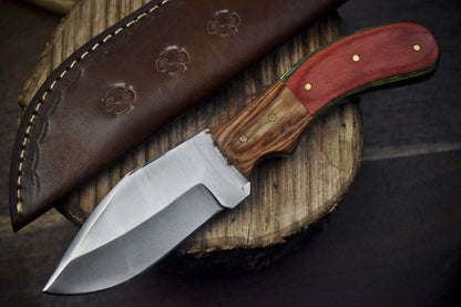 Handmade Skinner Knife | AUS-8 Steel | Hardwood Handle & Wooden Bolster | 8" Hunting Knife w/ Leather Sheath