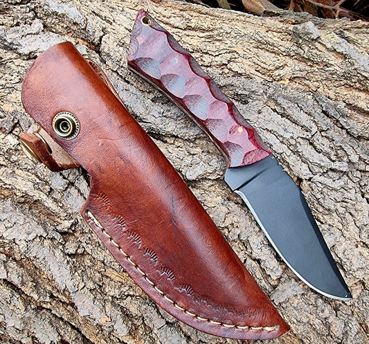 Handmade Skinner Knife – D2 Stainless Steel Drop Point Blade with Red Micarta Handle & Sheath