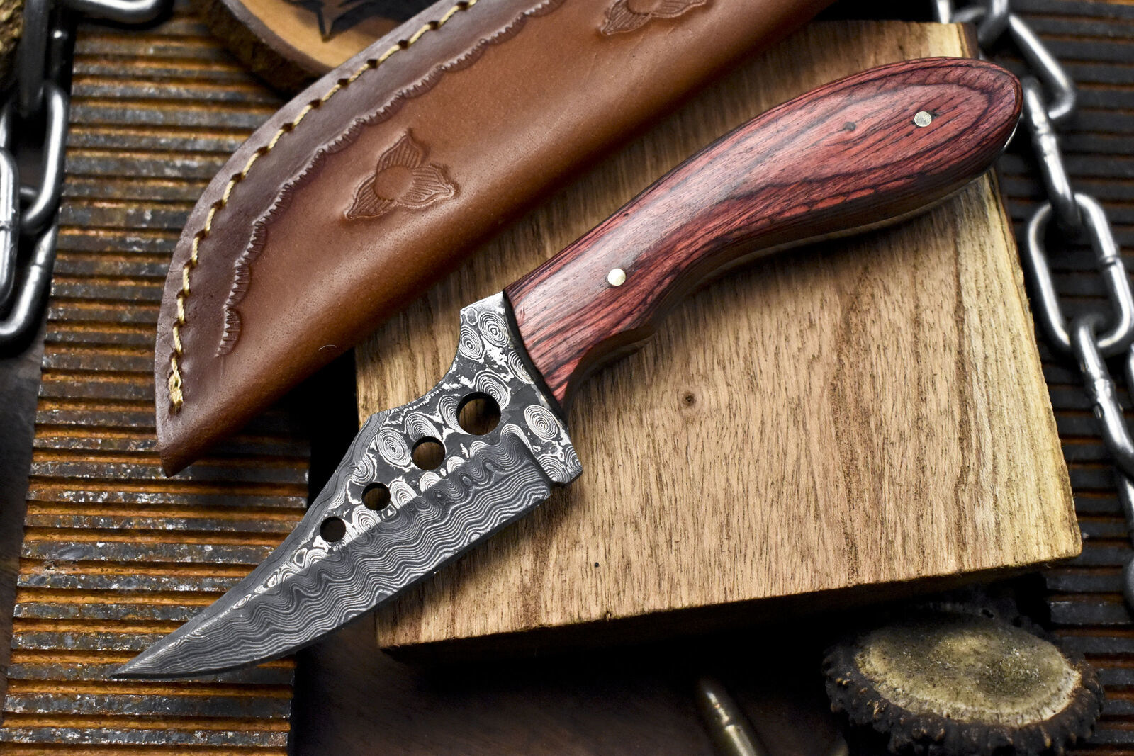 Handmade Skinner Knife Rain Drop Damascus Hard Wood Sports Veterans Gift w/ Leather Sheath