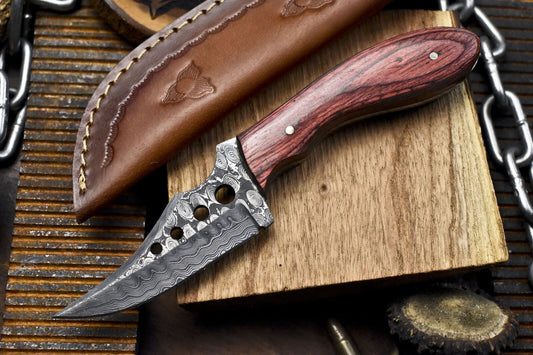 Handmade Skinner Knife Rain Drop Damascus Hard Wood Sports Veterans Gift w/ Leather Sheath