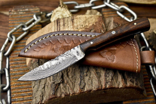 Handmade Skinner Knife Rain Drop Damascus Walnut Wood Tactical Bushcraft w/ Leather Sheath