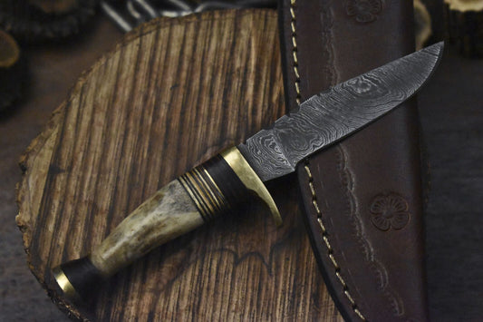 Handmade Skinner Knife Twist Damascus Bone Brass Guard Everyday Carry
