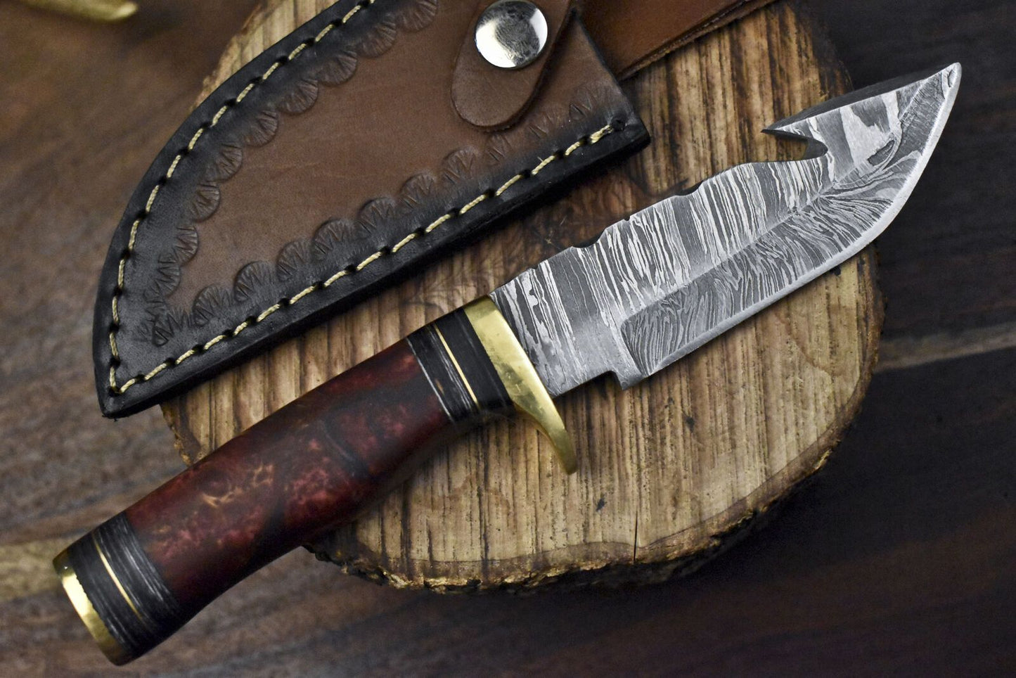 Handmade Skinner Knife w Gut Hook Twist Damascus Corain Decoration