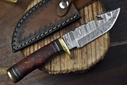 Handmade Skinner Knife w Gut Hook Twist Damascus Corain Decoration