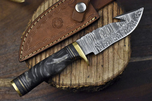 Handmade Skinner Knife w Gut Hook Twist Damascus Corian Hunting