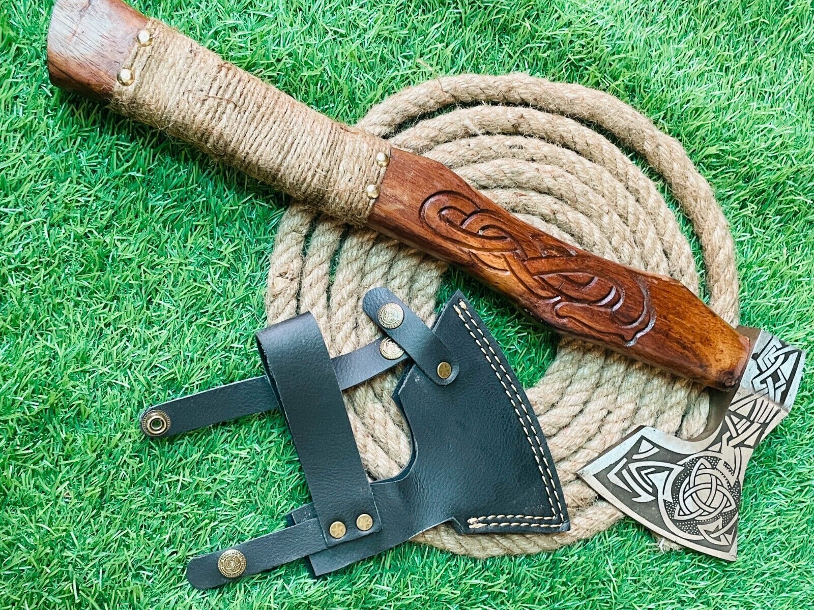 Handmade Steel Axe Viking Tomahawk Axe with Wooden Handle and Leather Cover