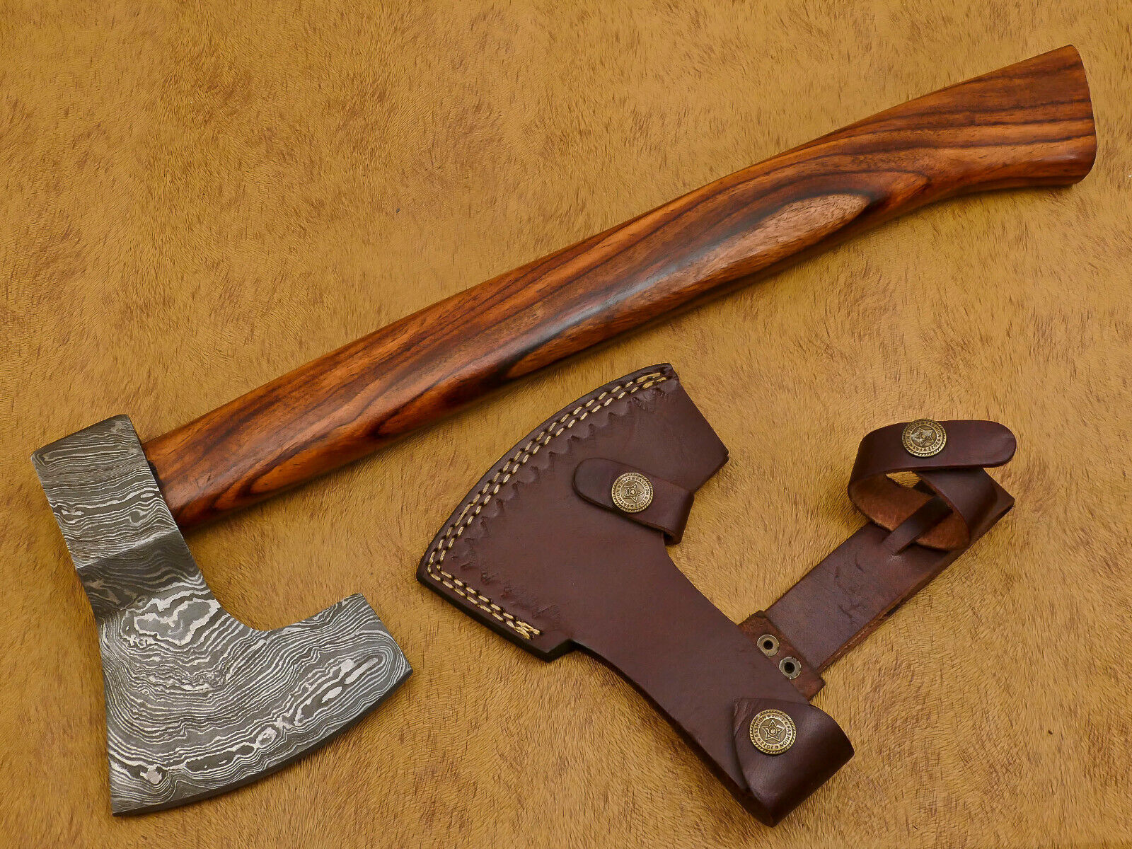 Handmade Damascus Steel Tomahawk Axe Hatchet with Walnut Wood Handle and Leather Sheath