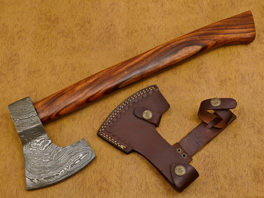 Handmade Damascus Steel Tomahawk Axe Hatchet with Walnut Wood Handle and Leather Sheath
