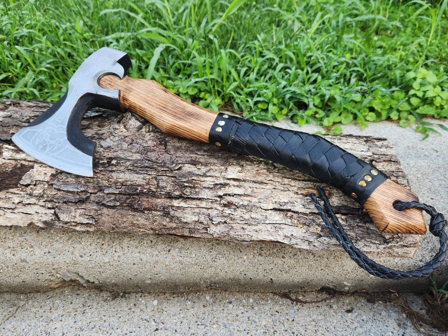 Handmade Carbon Steel Viking Axe with Wooden Handle and Leather Sheath