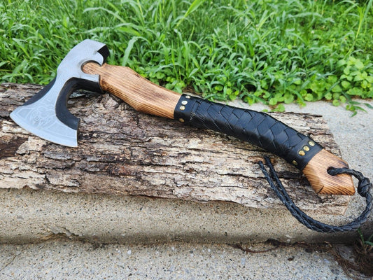 Handmade Carbon Steel Viking Axe with Wooden Handle and Leather Sheath