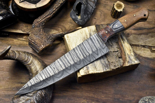 Handmade Twist Damascus Chef Knife with Hardwood Handle & Micarta Bolster – 13" Hunting & Kitchen Knife