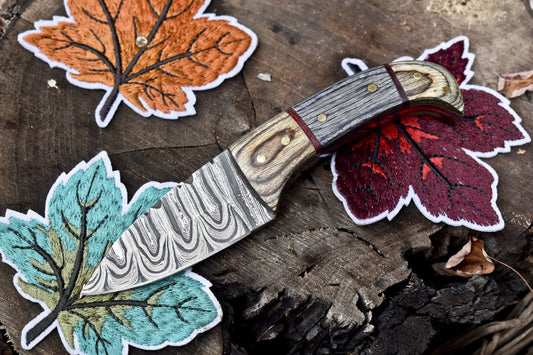 Handmade Twist Damascus Skinner Knife 6 Inch with Hard Wood Handle and Wooden Bolster W/ Leather Sheath