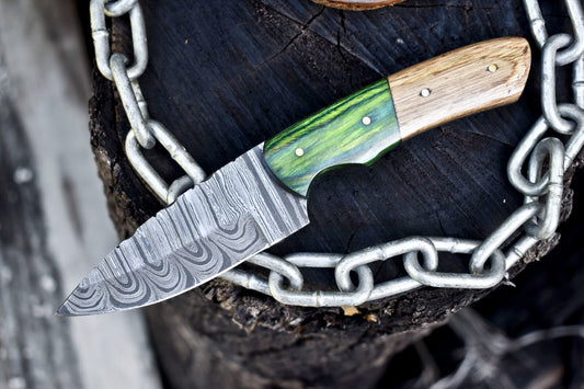 Handmade Twist Damascus Skinner Knife Olive Wood Handle with Wooden Bolster and Leather Sheath