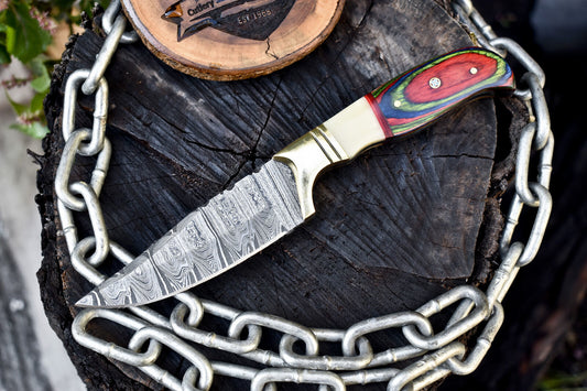 Handmade Twist Damascus Skinner Knife with Bone and Wood Handle Brass Guard
