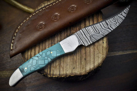 Handmade Twist Damascus Skinner Knife with Corain Handle for Everyday Carry