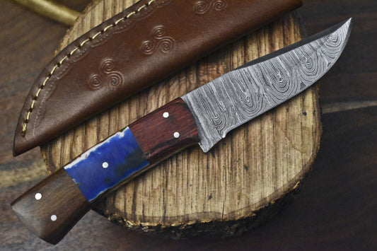 Handmade Twist Damascus Skinner Knife with Corian Handle and Wooden Bolster – 8" EDC Hunting Blade