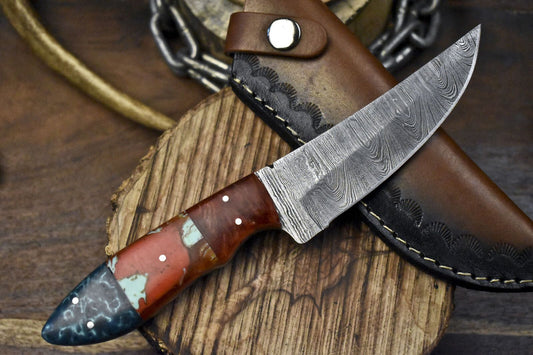 Handmade Twist Damascus Skinner Knife with Corian Handle and Wooden Bolster – EDC Hunting Blade