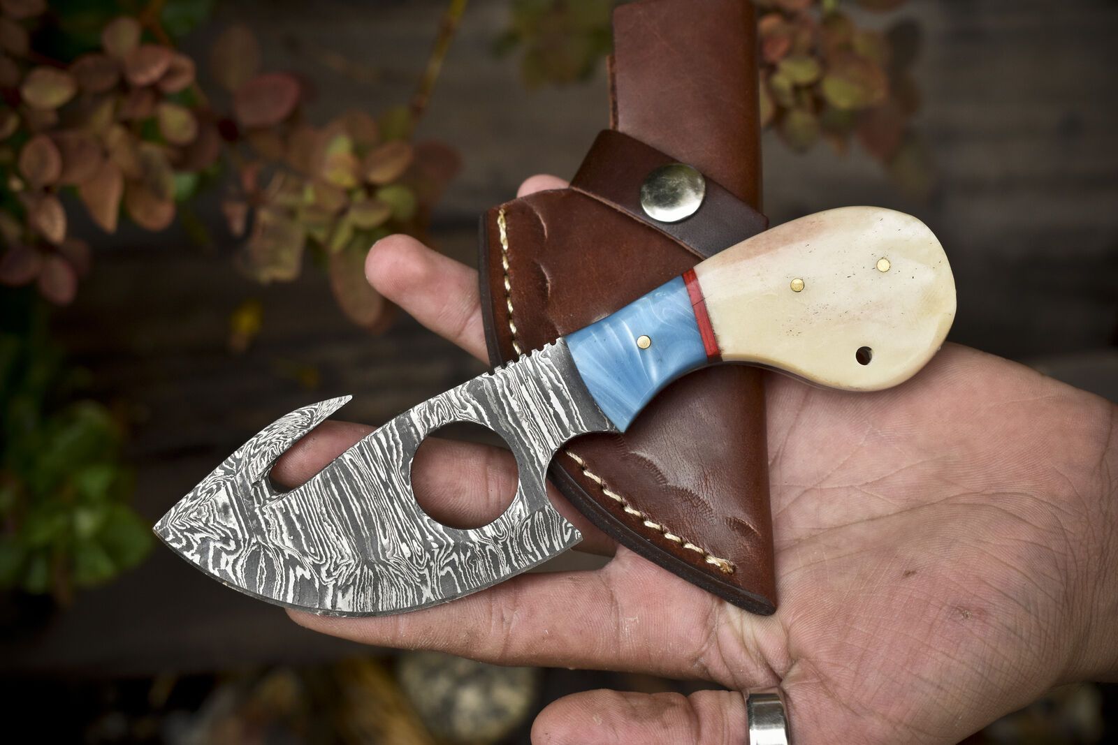 Handmade Twist Damascus Skinner Knife with Gut Hook Bone Handle Hunting Tool