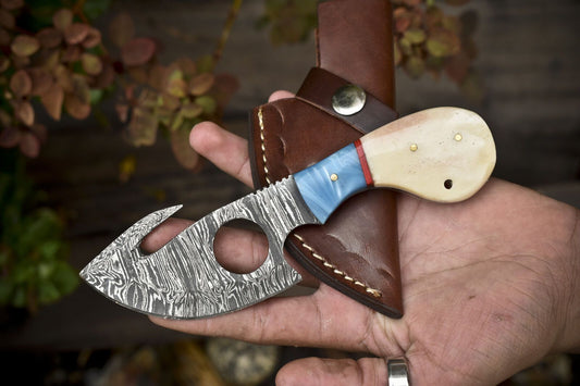 Handmade Twist Damascus Skinner Knife with Gut Hook Bone Handle Hunting Tool