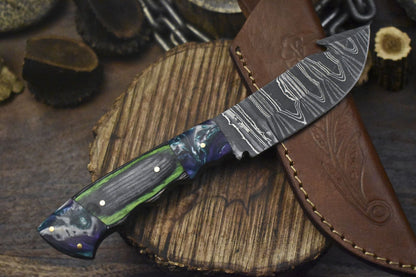 Handmade Twist Damascus Skinner Knife with Gut Hook and Hard Wood Handle