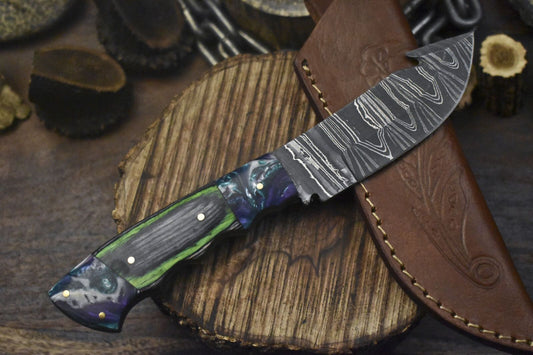 Handmade Twist Damascus Skinner Knife with Gut Hook and Hard Wood Handle