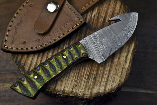 Handmade Twist Damascus Skinner Knife with Gut Hook and Hard Wood Handle – Custom Fixed Blade Hunting Knife