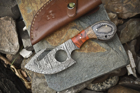 Handmade Twist Damascus Skinner Knife with Gut Hook and Hard Wood Handle – Tactical Fixed Blade Hunting Knife