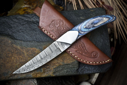 Handmade Twist Damascus Skinner Knife with Hard Wood Handle and Steel Bolster